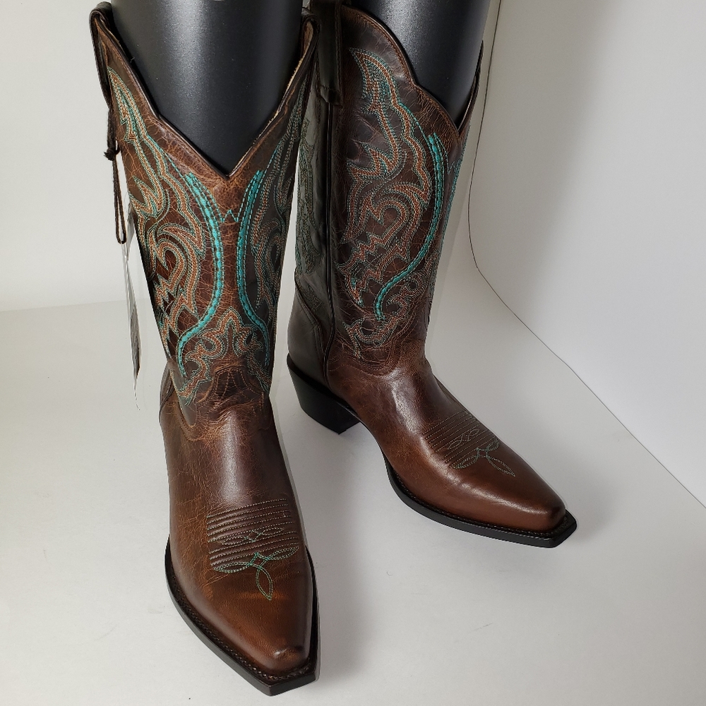 JB Dillon Women's Western Cowboy Boots Brown Turquoise Size 8 1/2B New with Tags